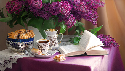 Wall Mural - Still life from ancient book and lush boquet