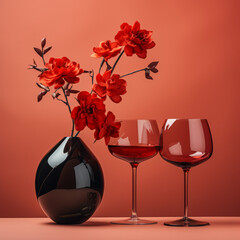 Wall Mural - A glass of red wine and flowers for love and passion. Minimal season party concept. Creative summer love and passion idea.