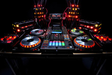 Professional audio sound DJ mixer with buttons and sliders