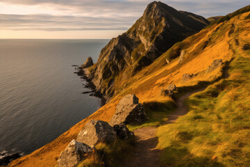 Wall Mural - A cliffside trail overlooking the ocean. The trail is narrow and winds along the edge of the cliff, steep and covered in grass and shrubs, horizon