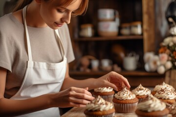 Female baker decorating tasty cupcake. Generate Ai