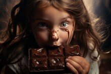 Little Girl Eating Big Chocolate Bar. Generate AI