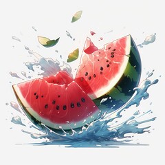 Wall Mural - Juicy watermelon illustration with watercolor paints. Watercolor drawing of watermelon. Juicy splash of watermelon pieces. Watermelon logo illustration. Juicy berries and fruits. Generative ai
