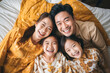 © Take Production - family, mother, father, bed, daughter, home, love, bedroom, happiness, lifestyle. close up to happy family and childhood on bed at home. everyone put on pajama each style. everyone smile be honest