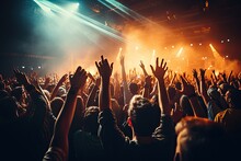 Celebration, Concert, Party, Stage, Club, Event, Night, Festival, Nightclub, Show. Night Club On The Stage Has Smoke And Fire, Now For Concert Festival. Party Attendees Everyone Put Your Hands Up.