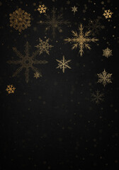Wall Mural - Black winter and Christmas background with golden snow flakes.