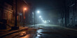 A desolate Street at Foggy Night by a Flickering Street Lamp