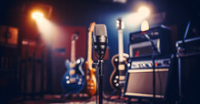 Professional Condenser Studio Microphone Over The Musician Blurred Background And Audio Mixer, Musical Instrument Concept.
