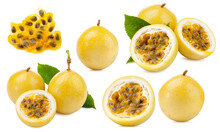 Set Of Ripe Yellow Passionfruit With Tasty Pulp And Leaves Isolated On White Background.
