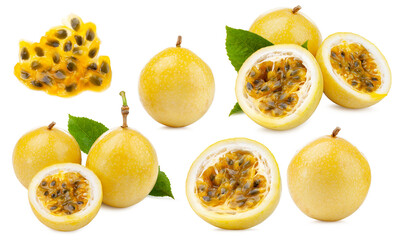 set of ripe yellow passionfruit with tasty pulp and leaves isolated on white background.