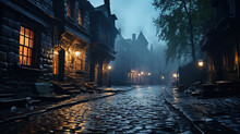 A Cobbled Victorian Street In London At Foggy Night