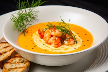 Wall Mural - Luscious Lobster Bisque Soup with Grilled Prawn and Dill in White Bowl. Garnished with Bread Crumbs. Close-up of Delicious Seafood Soup