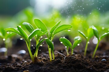 New Growth on Wet Soil: Close-up of Green Plants Germinating in Spring with Dew Drops on Leaves