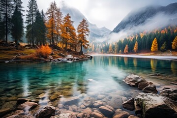  Serene Alpine Lake in Autumn Forest with Mist and Vibrant Colors