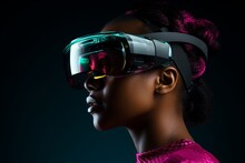 A Young Dark-skinned African Woman Wearing New Revolutionary Gaming Technology - Virtual Or Augmented Reality Glasses, Studio Portrait On Neon Magenta And Cyan Background, Copy Space For Text