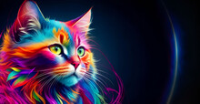Beautiful Fantasy Abstract Portrait Of A Beautiful Cat With A Colorful Digital Paint Splash Or Space Nebula