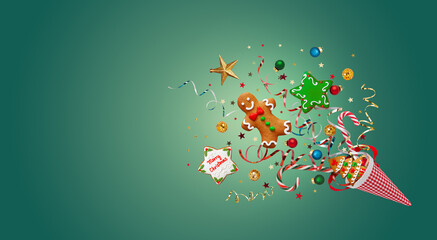 Poster - New Year and Christmas concept with Christmas cookies, festive winter decorations and confetti on teal background. Holiday banner.