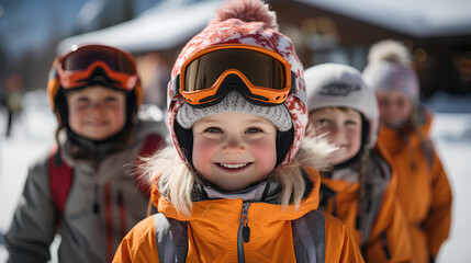 Wall Mural - Portrait of happy boy in ski helmet and goggles with kids on background
