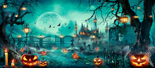 Halloween Scene - Party Of Pumpkins And Zombies In Graveyard At Moonlight - Contain Moon 3D Rendering - Unrecognizable, Deformed And Church With Reassembled Parts