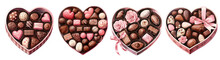 Set of watercolor chocolates in gift Heart pink box illustration transparent isolated on white background cutout. PNG file ,artwork graphic design ,Generative AI
