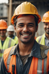 Wall Mural - Happy of team construction worker working at construction site. Smiling construction worker in hard hat in group with a smile. Image created using artificial intelligence.