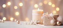 Festive Still Life With Burning Candles And Christmas Decorations On Bokeh Background. Christmas Composition For Home Interior