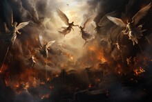 A Dramatic Battle Between Angels And Demons In A Fiery Cityscape, With A Dark And Cloudy Sky.