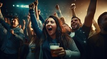 Young People With Beer In Hands Cheer Football Game Together At Bar. AI Generated.