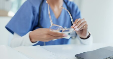 Canvas Print - Hands, person cleaning glasses and vision with eye care, wellness and health, hygiene and fabric to wipe. Closeup, optometry and healthcare with medical professional, eyewear maintenance and cloth