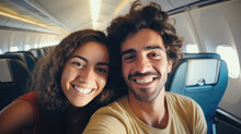Young Handsome Couple Taking A Selfie On The Airplane During Flight Around The World. They Are A Man And A Woman, Smiling And Looking At Camera. Travel, Happiness And Lifestyle Concepts.