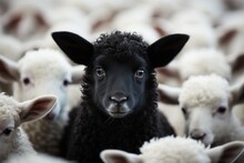 One Black Sheep In A Flock Of White Sheep. Generative AI.