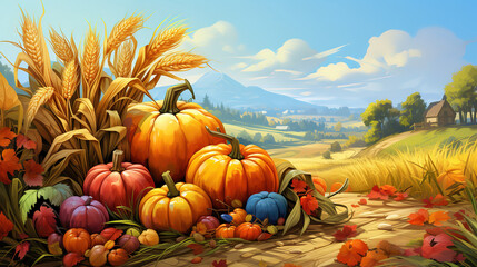 a watercolor painting of a pumpkin patch with a couple children walking. generative ai