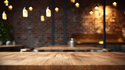 Wall Mural - Rustic charm. Empty wooden table in vintage cafe. Blurred tabletop in retro diner. Modern elegance. Counter with bokeh lights