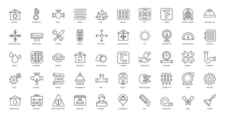 Wall Mural - Plumbing & Heating Thin Line Icons Heater Mechanic Iconset in Outline Style 50 Vector Icons in Black	