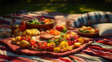Wall Mural - Fresh picnic meal on rustic blanket outdoors. Generative Ai
