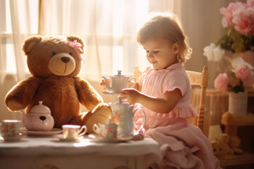 Cute little girl with cup of tea and  teddy bear at home