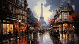 Fototapeta Paryż - Artwark Oil Painting of Urban City Busy Street in Rainy Day