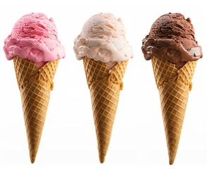 Chocolate, vanilla and strawberry Ice cream in the cone on white background