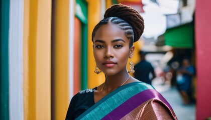 A Woman Sporting an Updo in a Vibrant Dress