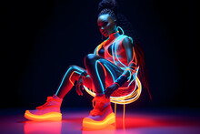 African Woman In Neon Costume And Neon Shoes, In The Style Of Futuristic Pop, Luminous Color Palette