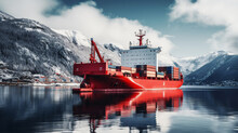 Red Freight Pallet Carrier Ship Moored In Norway