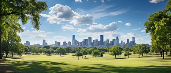 city park in the foreground and the skyline of the city in the background.