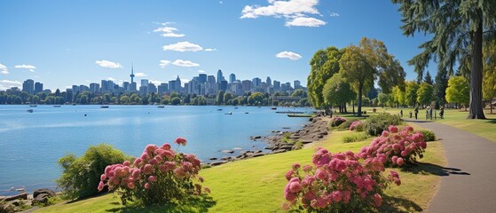 city park in the foreground and the skyline of the city in the background.