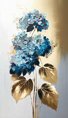 Wall Mural - Abstract floral oil painting. Gold and blue hydrangea flower on white background