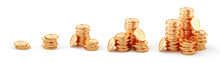Stacks Of Golden Coins Pile. Golden Coins Isolated On White. Finance, Investment, Earnings, Profit Concept