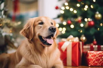 photo of an adult golden retriever dog breed under a christmas tree surrounded by wrapped gifts in e