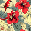 Seamless pattern of retro hibiscus flower, blend with bird, stems, leaves for decoration.