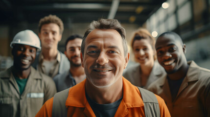 Portrait of smiling factory worker in front of group of diverse workers