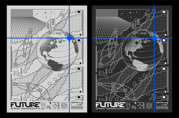 Wall Mural - Retro Y2K poster earth sphere. Dither effect. Print in techno style, for streetwear, print for t-shirts and sweatshirts on a black background