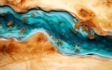 A Close-up Abstract Dark Photo Of Natural Wood Table Texture With A Winding Epoxy Resin River Running Through The Center Of It 